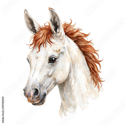 Cute Baby Horse Head Isolated Hand Drawn Watercolor Painting Illustration