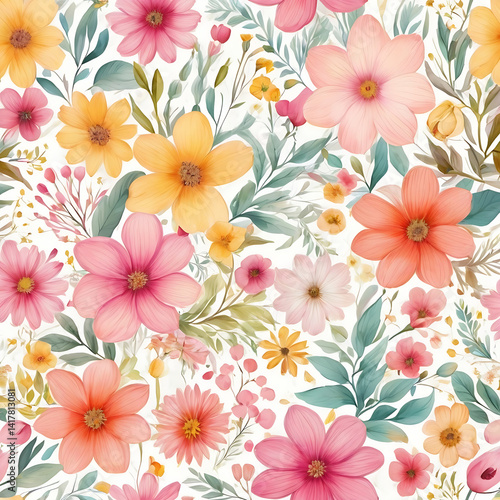 Wallpaper Mural Delicate Watercolor Floral Pattern with Pink and Yellow Flowers Torontodigital.ca