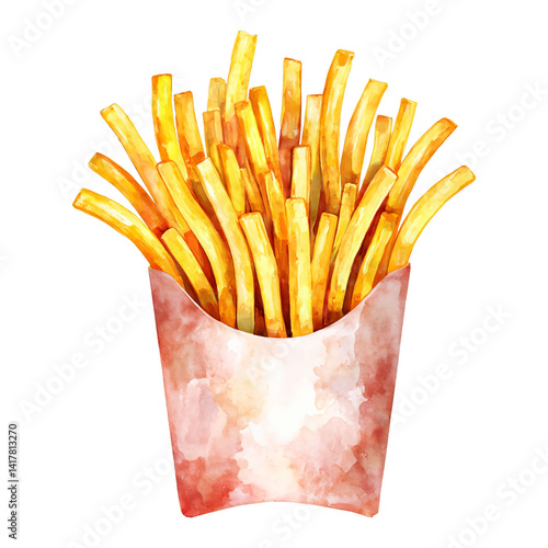 Crispy Golden French Fries in a Paper Cup Isolated Hand Drawn Watercolor Painting Illustration