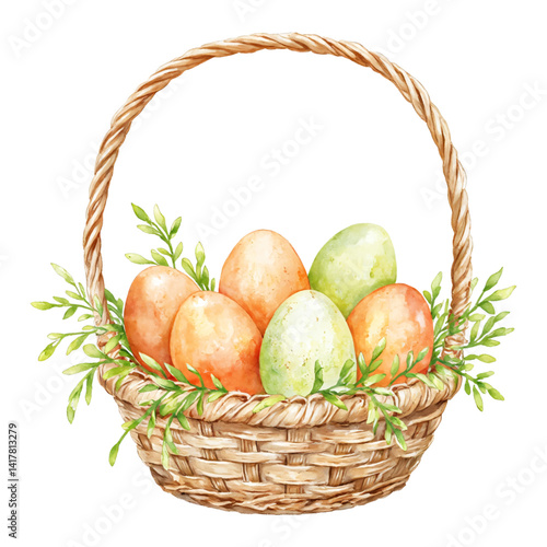 Watercolor Easter Eggs in Wicker Basket with Green Leaves Isolated Hand Drawn Watercolor Painting Illustration