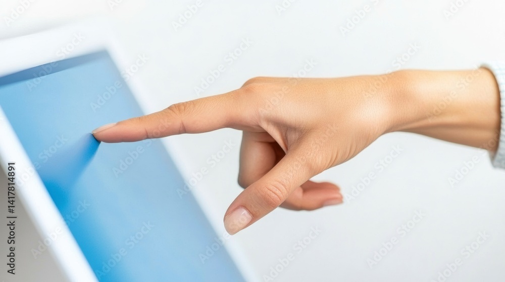 Close up of a Hand Touching a Blue Touchscreen Device Close up of a Hand Touching a Blue Touchscreen Device