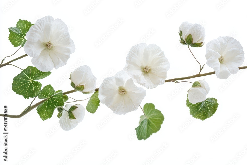 Fototapeta premium Delicate white blossoms on a branch serene nature s beauty showcasing soft petals against a bright white background pure elegance