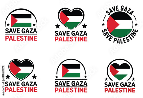 Save Gaza Palestine Vector Icons Set – Heart and Circle Designs with Palestinian Flag, Human Rights and Solidarity Concept for Social Media and Activism Campaigns