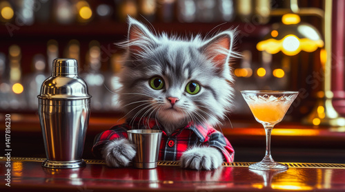 Adorable kitten in a plaid shirt behind a bar counter with a cocktail shaker and drink, AI, Illustration, Generation.