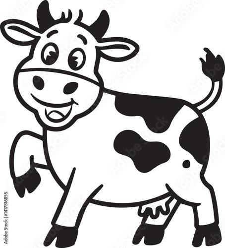 Cheerful Cartoon Cow Illustration Black And White Drawing Style Vector Design