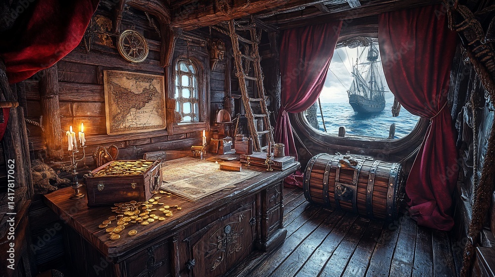 Fototapeta premium Pirate captain's cabin interior, gazing at ship, ocean view, aged wood background