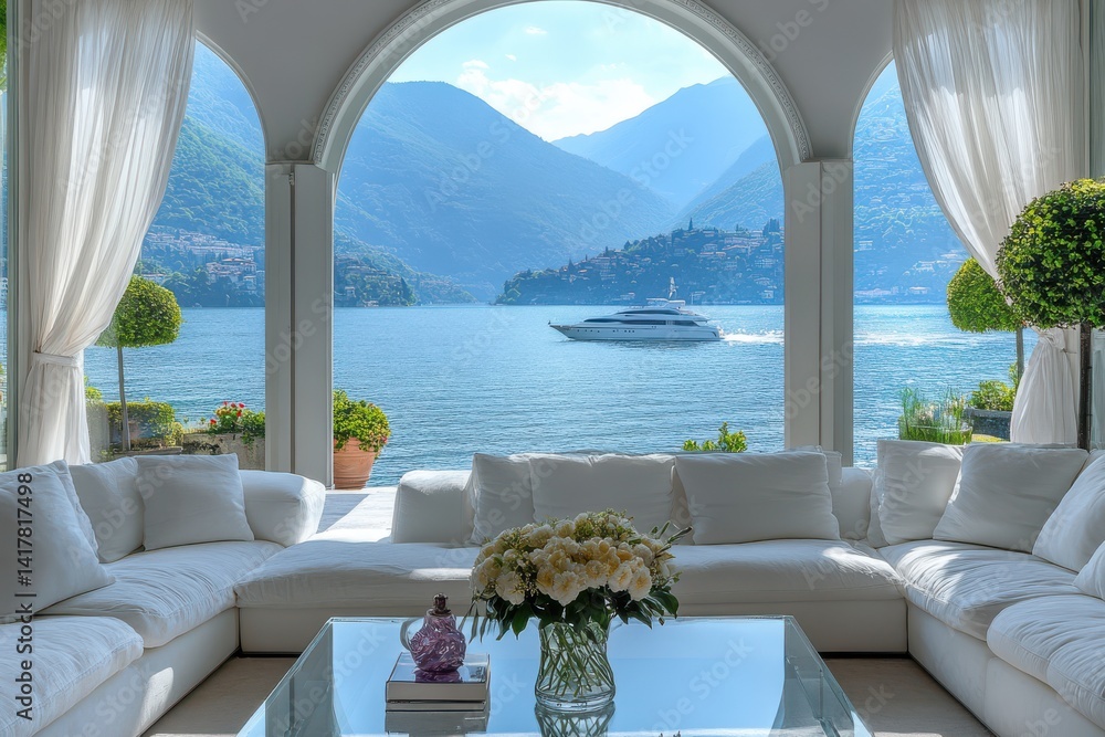 Fototapeta premium Serenity and elegance in a luxurious lakeside living room with breathtaking mountain views at dawn