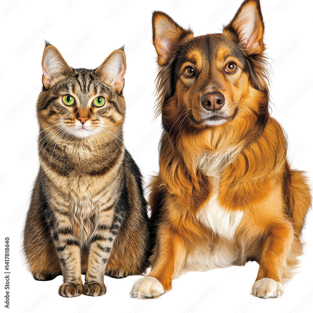 Close-up of Domestic Cat and Mixed Breed Dog Sitting Side by Side on White Background with Bright Lighting and Focus Close-up of Domestic Cat and Mixed Breed Dog Sitting Side by Side on White Background with Bright Lighting and Focus