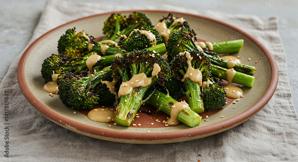 Roasted broccoli florets and stems arranged on a plate, drizzled with creamy sauce and sprinkled with sesame seeds, presented on textured linen. Roasted broccoli florets and stems arranged on a plate, drizzled with creamy sauce and sprinkled with sesame seeds, presented on textured linen.