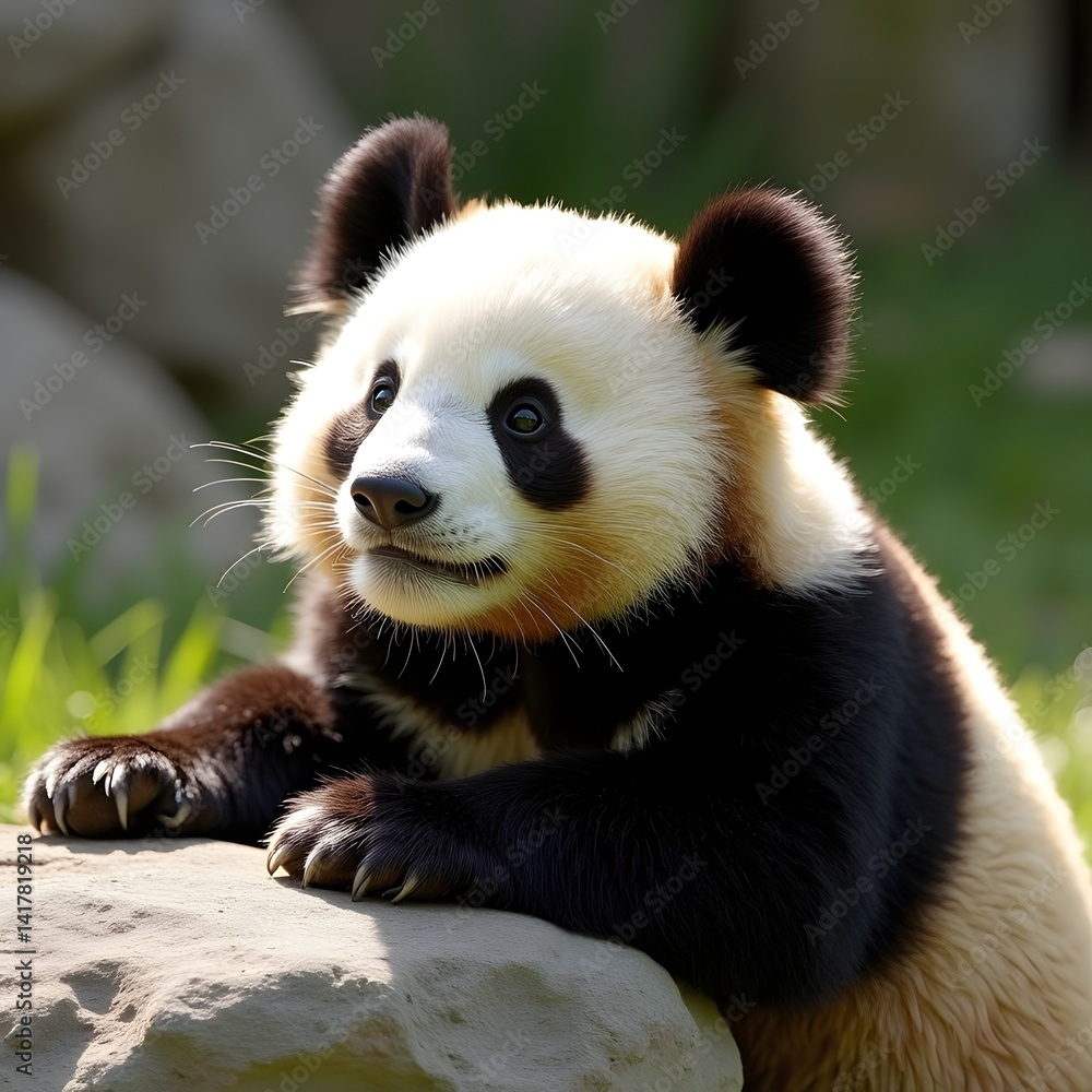 Obraz premium A panda resting next to a rock, sunlight shining gently