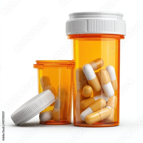 Pill bottles with capsules on white background