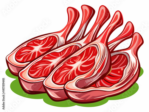 A high-quality vector illustration of raw lamb chops with red meat and curved bones, isolated on a white background