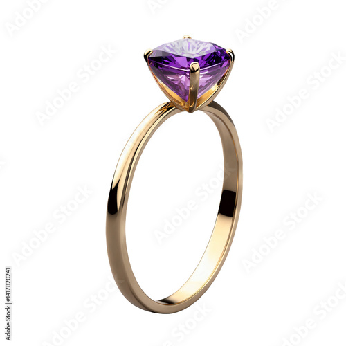 princess cut amethyst gemstone on gold ring transparent background isolated png stock
