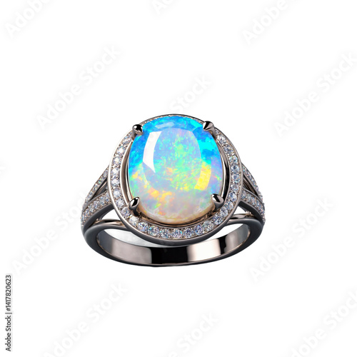 princess cut opal gemstone on silver ring transparent background isolated png stock