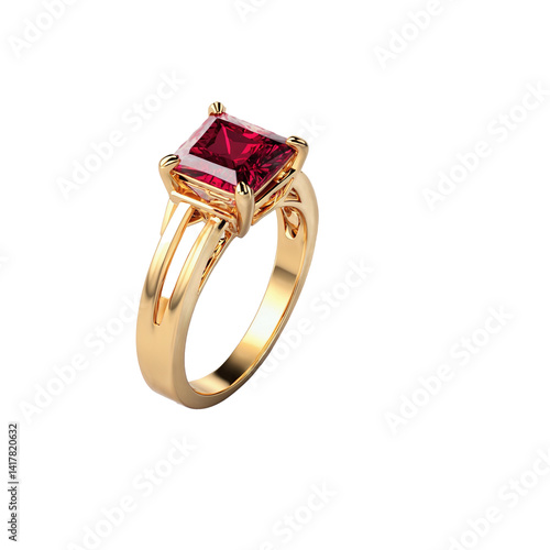 princess cut ruby gemstone on gold ring transparent background isolated png stock
