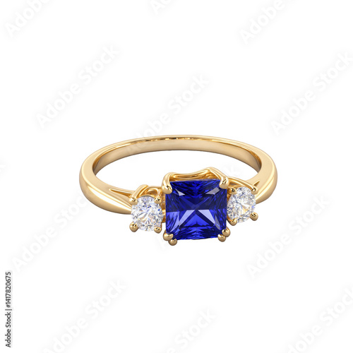 princess cut sapphire gemstone on gold ring transparent background isolated png stock