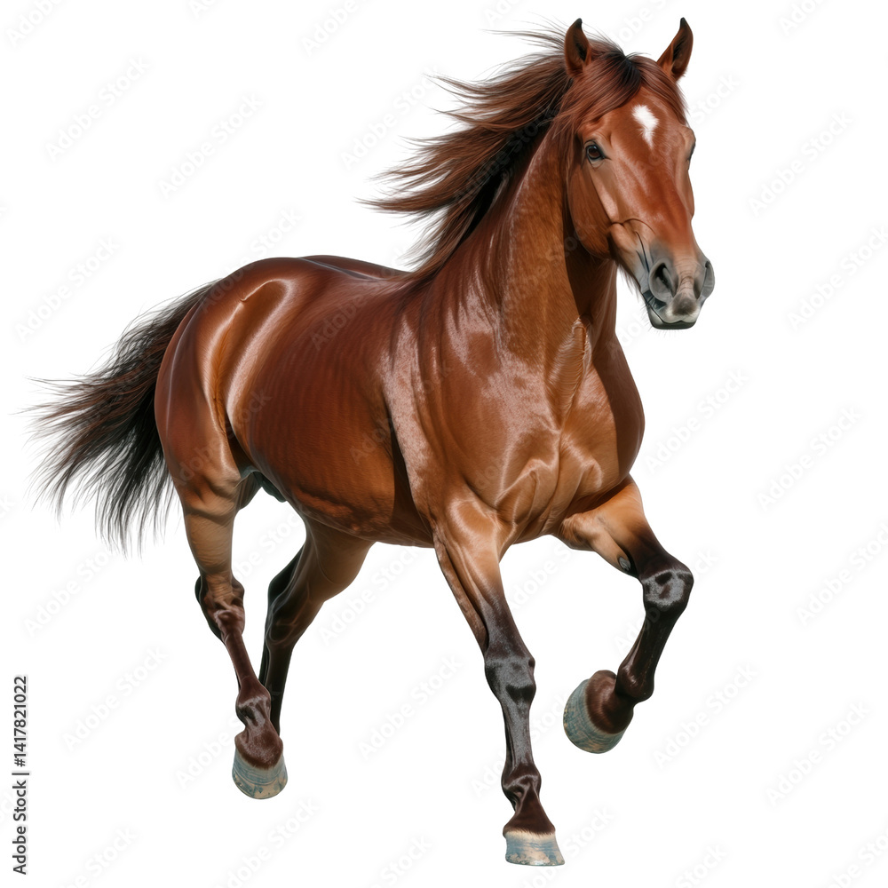 Obraz premium Elegant brown horse running with flowing mane and tail in motion showcasing strength agility and grace on a plain white background
