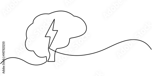 Headache Single Line Icon, Continuous Line Drawing of Brainstorming Icon. Hand Drawn Symbol Vector Illustration, brain energy continuous one line drawing.