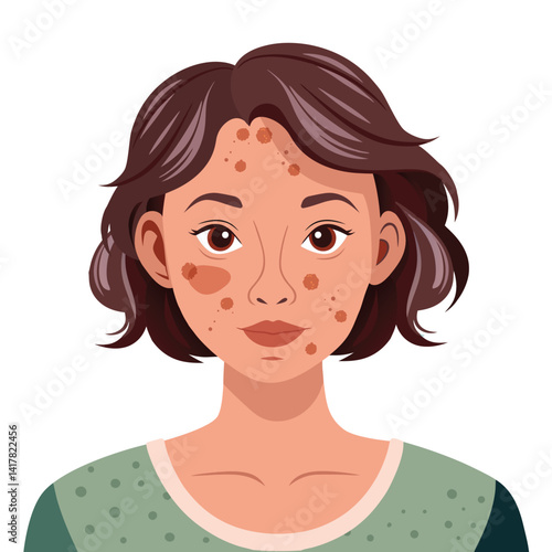 Woman with dermatology alopecia and hyperpigmentation on white background