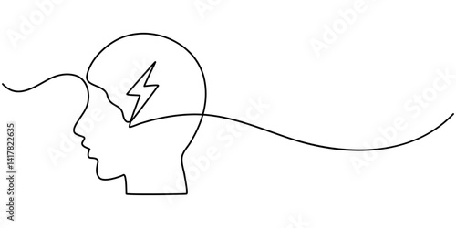 Headache Single Line Icon, Continuous Line Drawing of Brainstorming Icon. Hand Drawn Symbol Vector Illustration, brain energy continuous one line drawing.