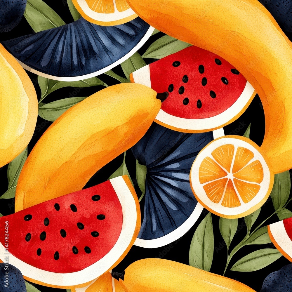 Vibrant Watercolor Fruit Pattern Watermelon, Banana, Orange, and Plum Slices on Dark Background