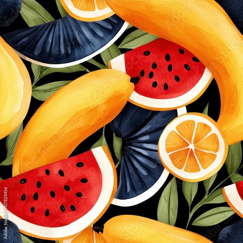 Obraz na płótnie Vibrant Watercolor Fruit Pattern Watermelon, Banana, Orange, and Plum Slices on Dark Background w salonie