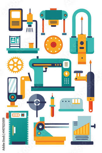 Industrial Machines and Equipment: Flat Vector Style Illustration