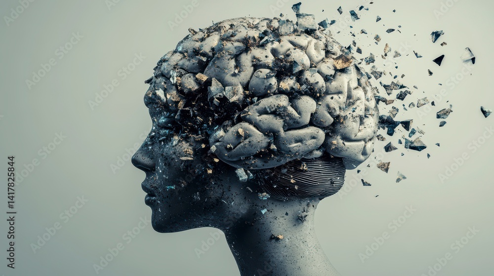 Crumbling head profile, brain disintegration, mental health concept. Crumbling head profile, brain disintegration, mental health concept.