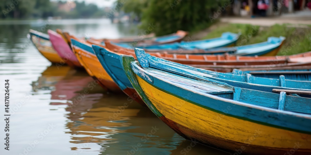 A line of vibrant wooden boats in various colors are docked peacefully at the water's edge, depicting a serene and picturesque scene by the river. A line of vibrant wooden boats in various colors are docked peacefully at the water's edge, depicting a serene and picturesque scene by the river.