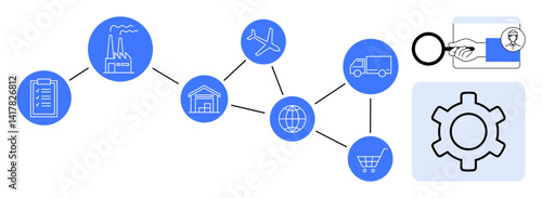 interconnected icons for production, warehouse, airplane, truck, shopping cart, gear, document, and magnifying glass. Ideal for supply chain logistics e-commerce management business operations