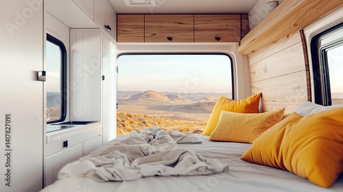 Compact luxury campervan interior featuring a cozy bedroom with a bed and a window for natural light