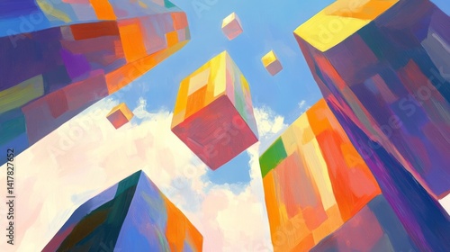 Cubist blocks tower skyward painted with vibrant hues against soft clouds