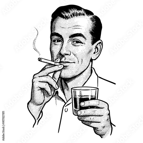 man smoking a cigarette while holding a glass of alcohol whiskey 1950s retro illustration style