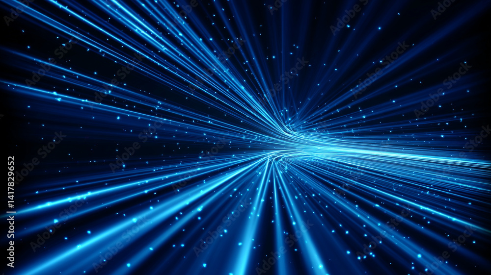 Naklejka premium Collection of digital illustrations showcasing radiant blue light flares and streaks converging and expanding in space, representing data flow, speed, and futuristic energy.