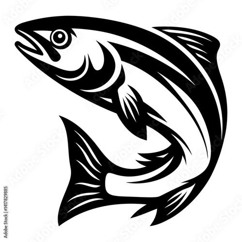 Black and white graphic of a leaping salmon fish in illustration style