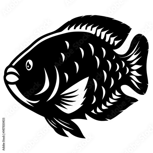 Monochrome illustration of a fish swimming left with detailed fins and scales