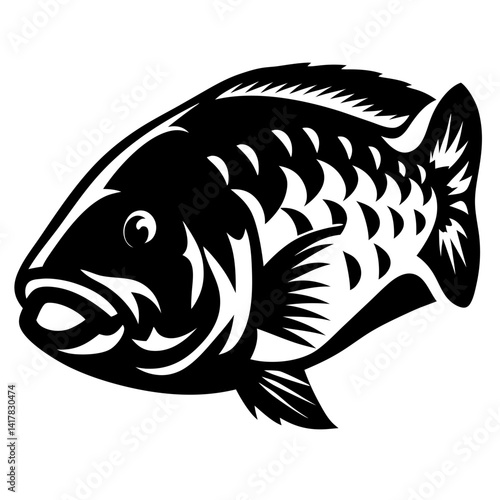 Stylized black and white illustration of a fish with detailed fins