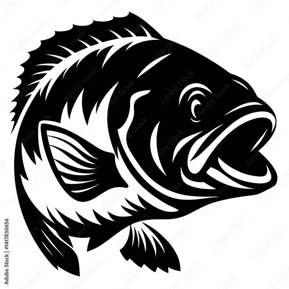Black and white illustration of a fish with open mouth facing forward Black and white illustration of a fish with open mouth facing forward