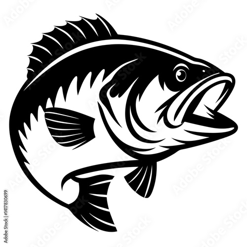 Stylized Black and White Illustration of a Largemouth Bass with Open Mouth