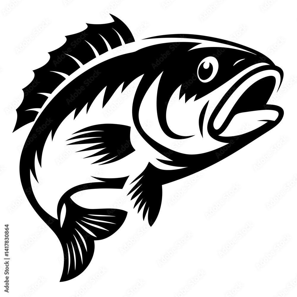 Monochrome vector depiction of a leaping largemouth bass with open mouth Monochrome vector depiction of a leaping largemouth bass with open mouth
