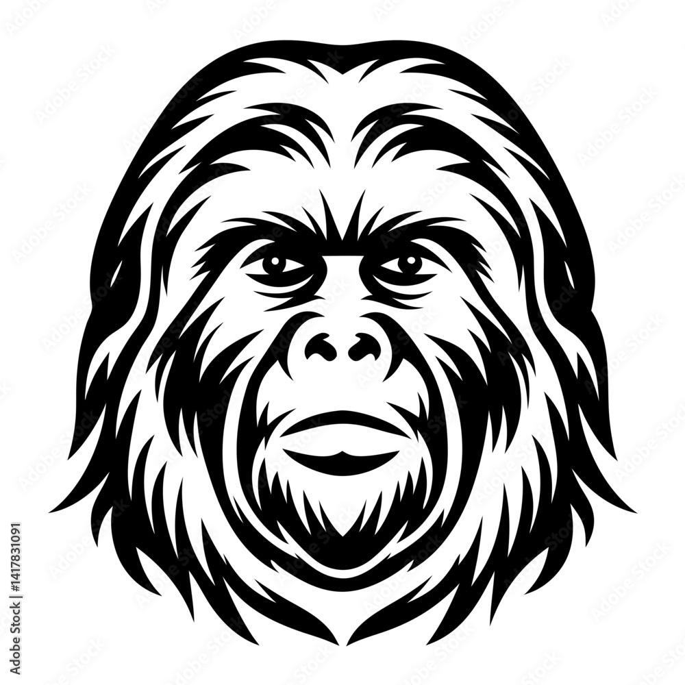Fototapeta premium Stylized Black and White Orangutan Head Portrait with Intricate Fur Pattern