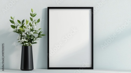 Elegant shelf display featuring a beautiful vase with fresh flowers and a blank poster for personalization
