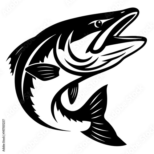 Stylized vector illustration of a pike fish leaping in black and white