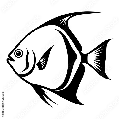 Monochrome image of an angelfish with detailed fins and tail design