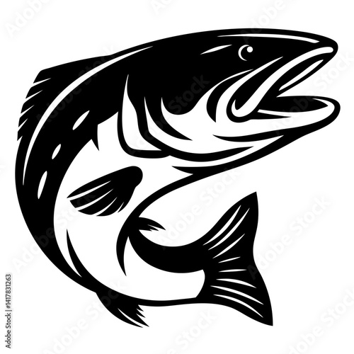 Dramatic black and white silhouette of a leaping trout in motion