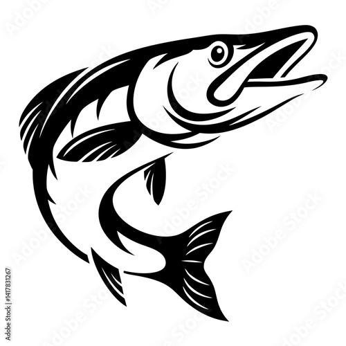 Stylized Black and White Illustration of a Leaping Pike Fish Design