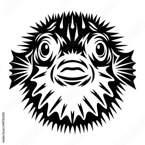 Monochromatic Pufferfish Face Illustration with Sharp Spikes and Detailed Features