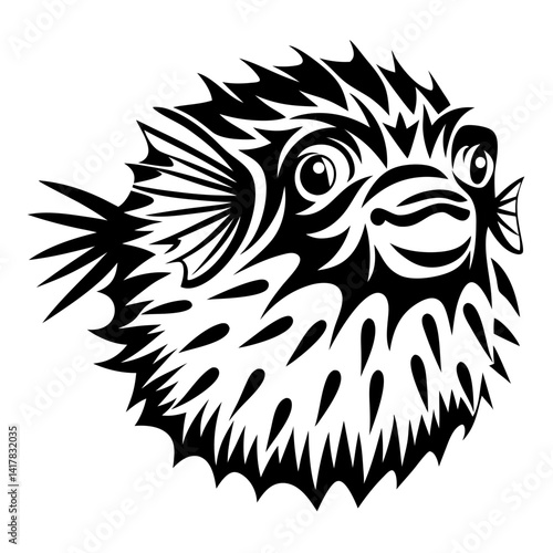 Stylized Black and White Pufferfish with Spikes in a Tribal Design