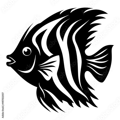 Elegant black and white angelfish illustration with flowing striped pattern design