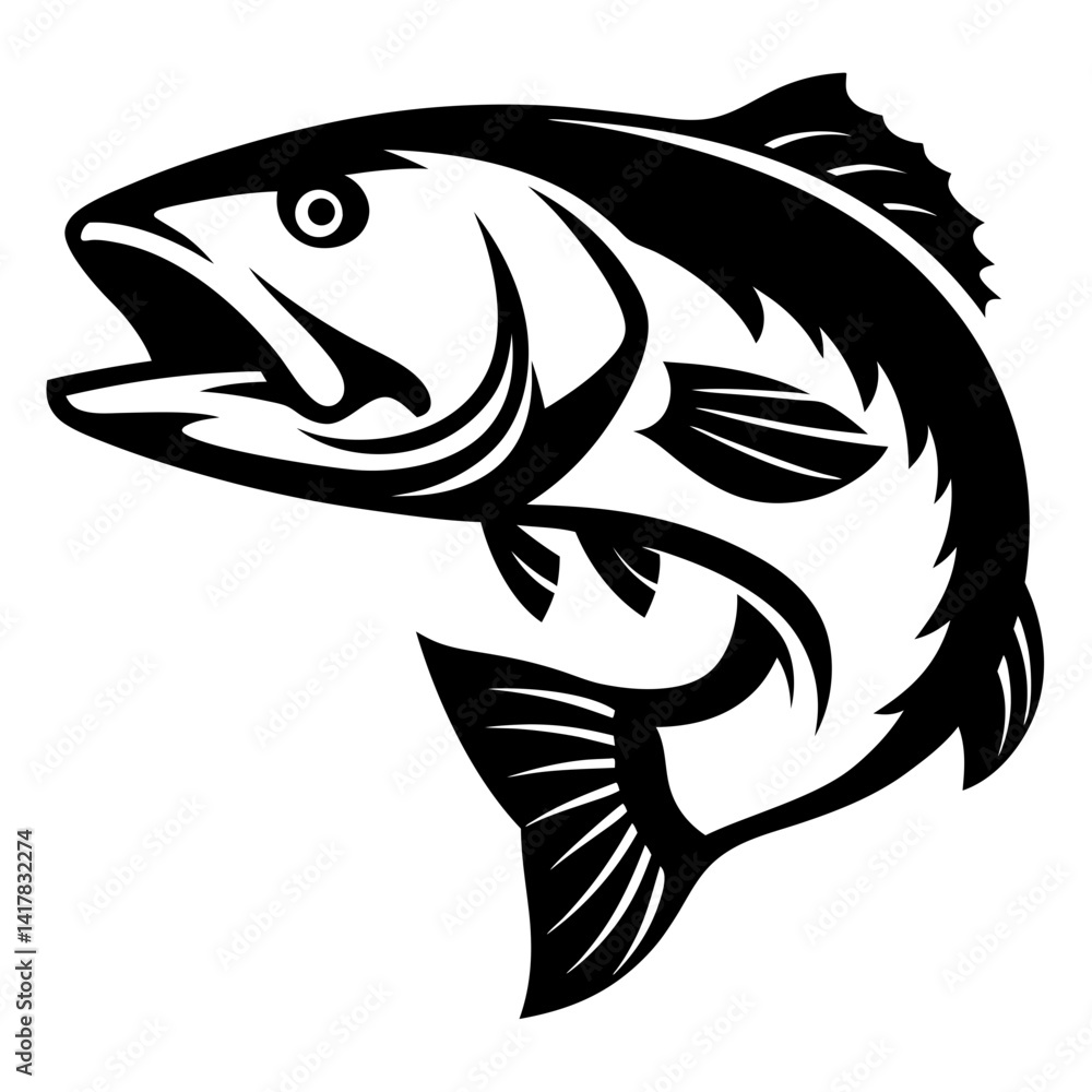 Fototapeta premium Striking black and white graphic of a leaping largemouth bass fish